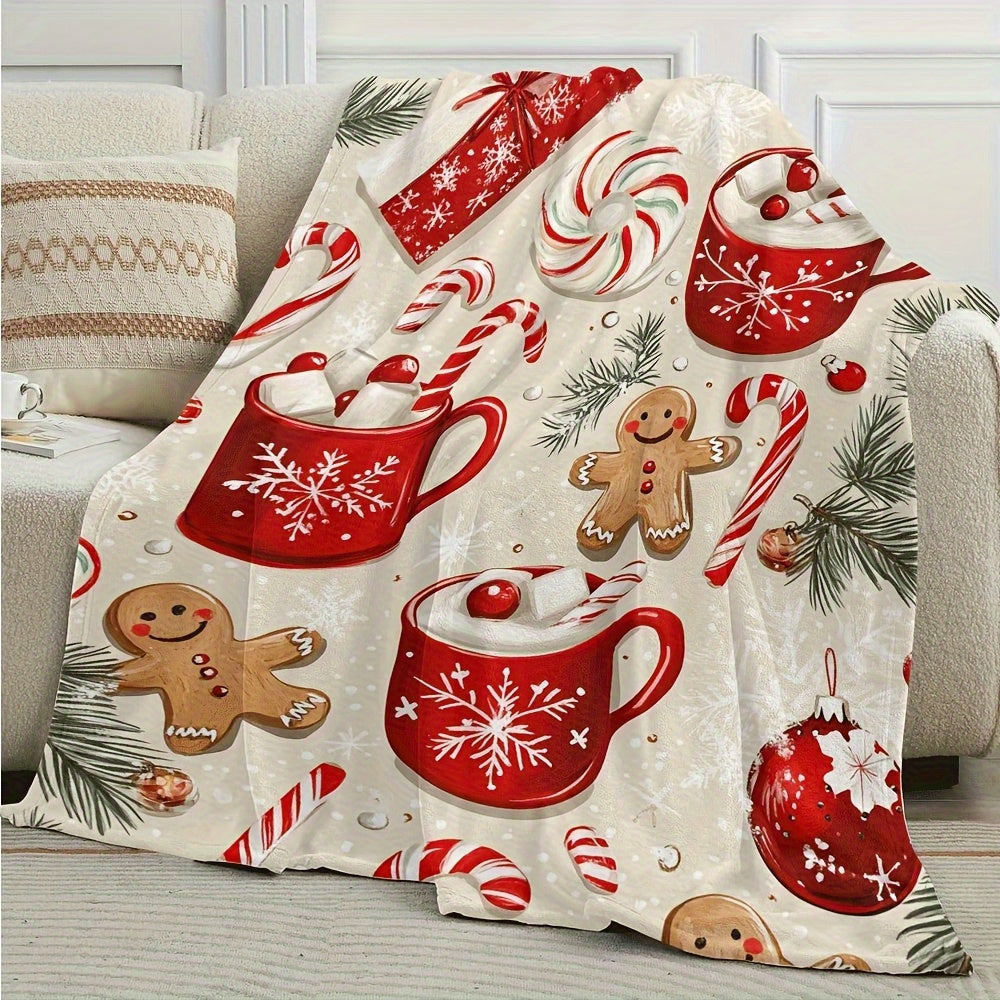 1 Christmas Gingerbread Patterned Blanket, Featuring Festive Design, Soft Plush Surface, Lightweight and Durable Flannel Material, Available in Multiple Sizes, Perfect for Christmas, Living Room Sofas, Bedroom, Leisure Reading, and Daily Home