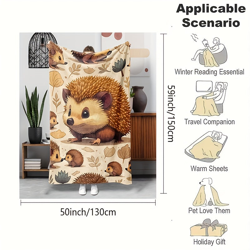 1pc Cute Hedgehog Flannel Blanket | Soft, Warm and Cozy for Sofa,, Office - All-Season Comfortable, Hypoallergenic, Machine Washable - Charming Cartoon Design with Autumn Leaves, Perfect Holiday Gift, Cute Blanket