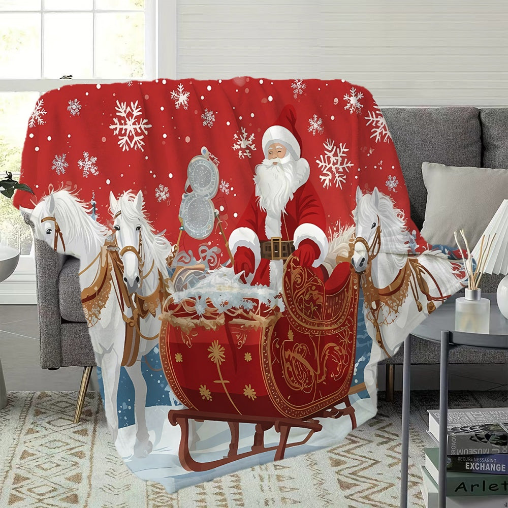 1pc Santa Claus Sleigh with White Horse Pattern Red Flannel Blanket, Soft, Comfortable, and Warm, Festive Design, All-season Universal Sofa Throw, Warm Cover Blanket, Multiple Sizes Available, Suitable for Living Room Sofas, Bedroom