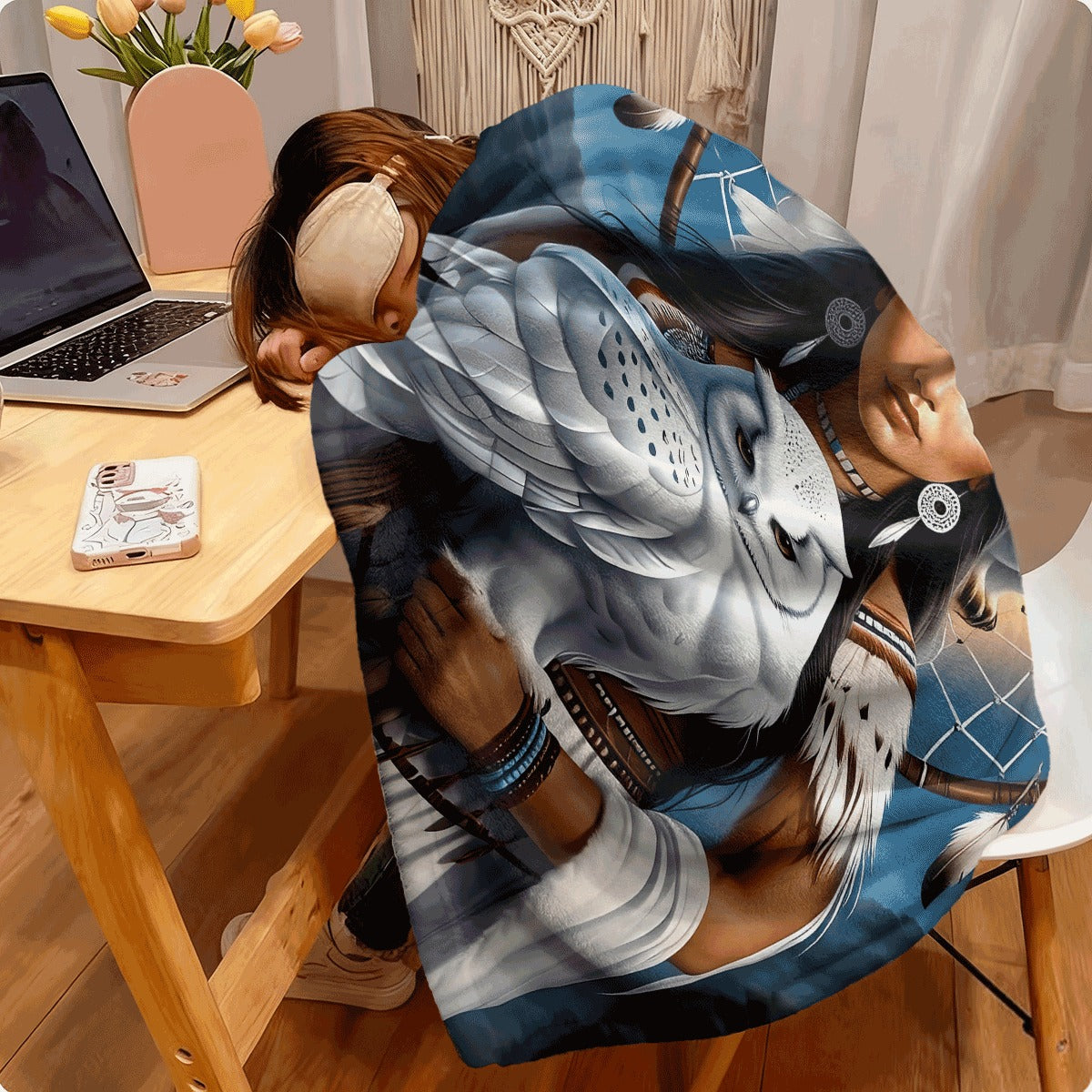1pc Digital Print Eagle Queen Flannel Throw Blanket Soft Warm Polyester for Sofa Travel Camping Living Room Office Chair Contemporary Style with Dreamcatcher and Owl Design All-Sea