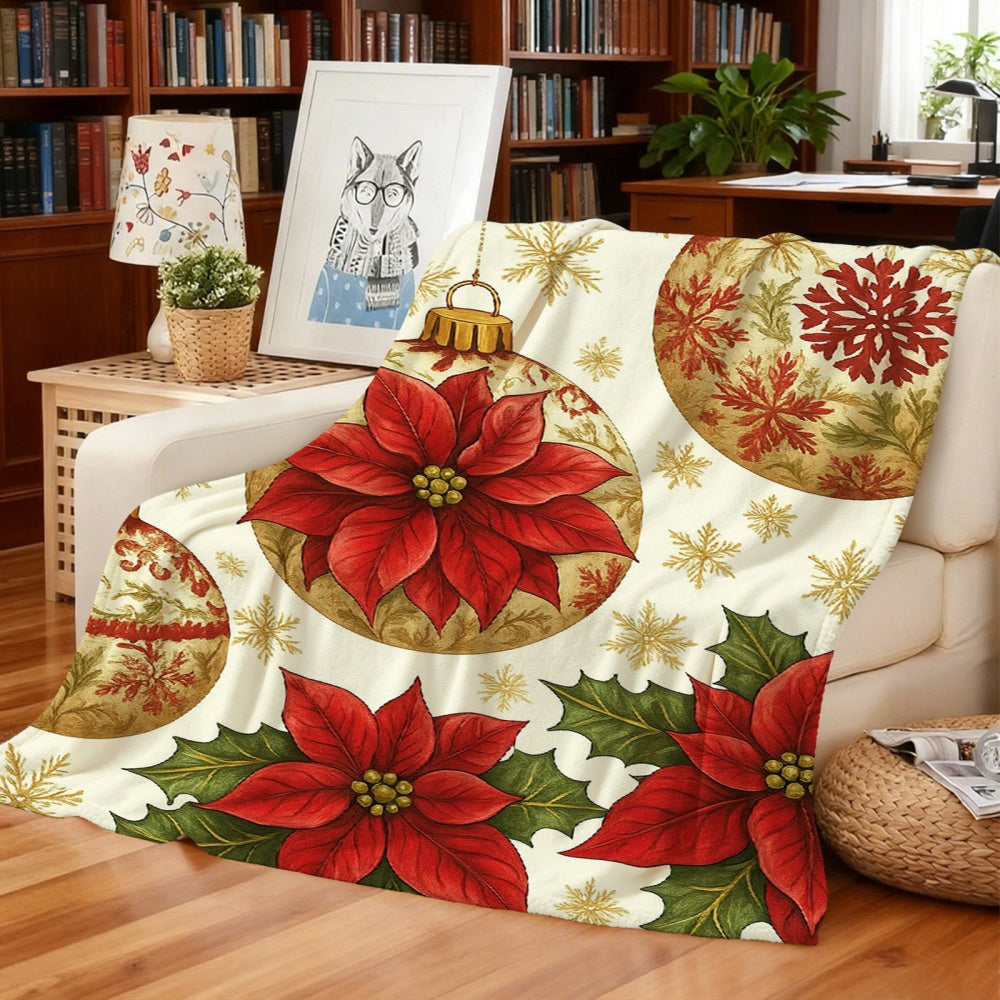 1pc of Cream Beige Flannel Blanket with Christmas Red and Green Floral and Golden Snowflake Patterns, a Christmas Winter Body Blanket, Soft Plush for All Seasons, Suitable for Home Naps, Weekend Sofa Snoozes, and Seasonal Home Use