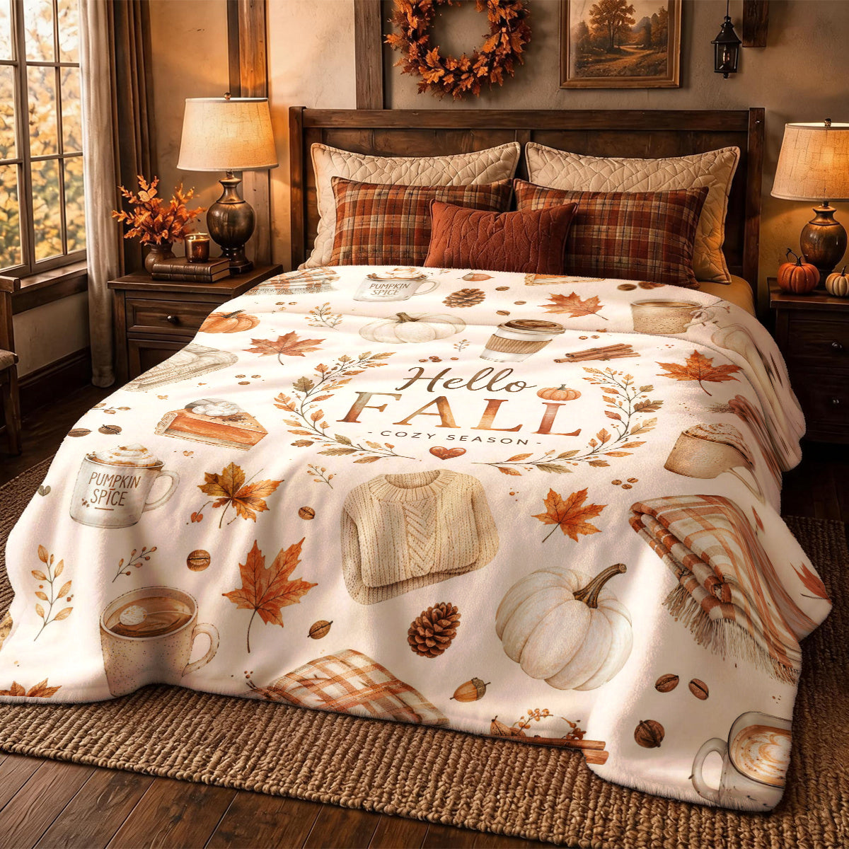 [2D FLAT PRINTING] 1pc Autumn Warm Coffee Pumpkin Plaid Flannel Blanket with Hand-Painted Theme - Large Size, Soft, Lightweight, and Warm, Suitable for All Seasons - Perfect for Bed, Sofa, Office, Camping, and Travel - The Best Choice for a Blanket