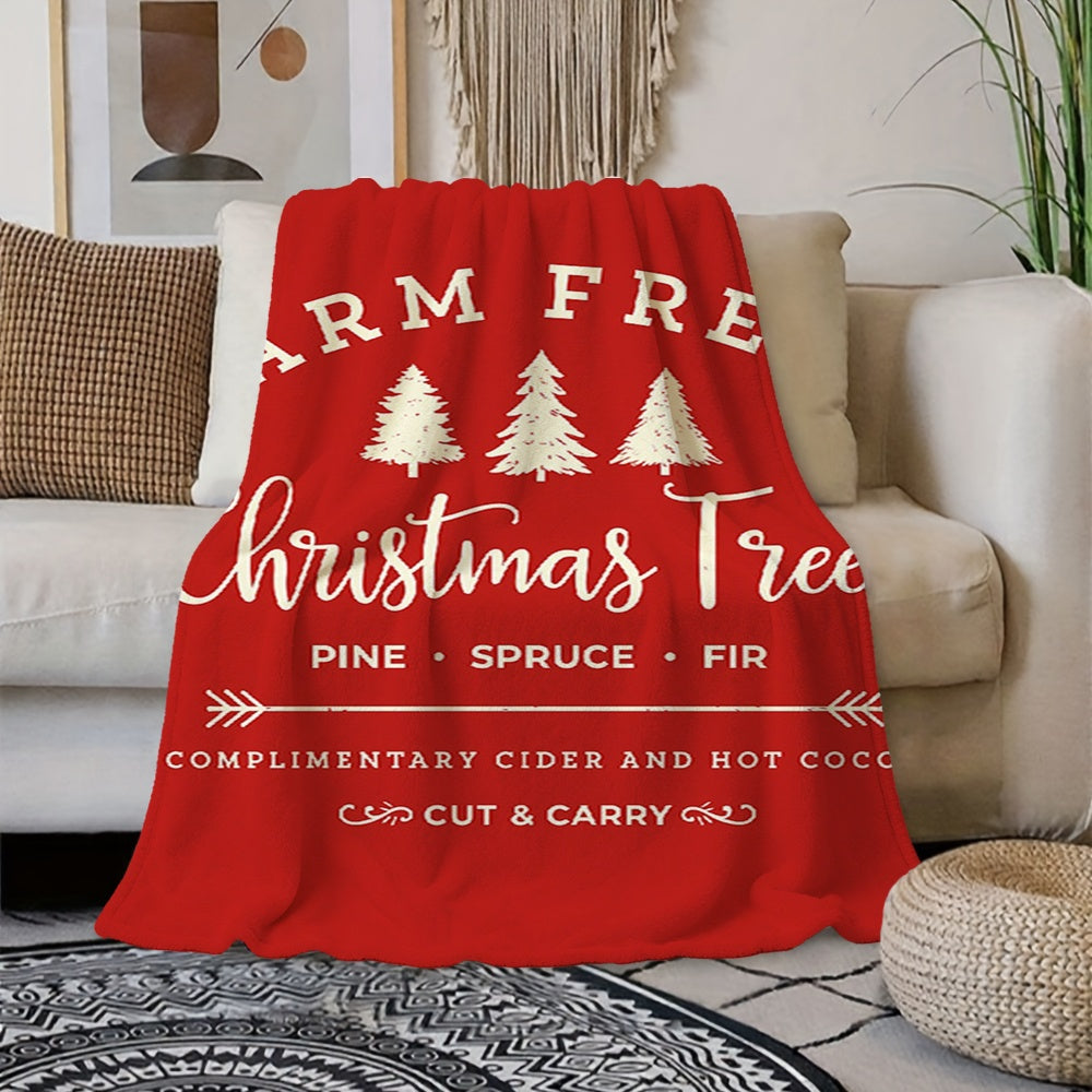 1pc Christmas Red Pine Tree And Holiday Text Design Flannel Blanket, Soft Plush All-Season Use, Suitable for Living Room Sofa Cover, Home Nap, And Reading Time
