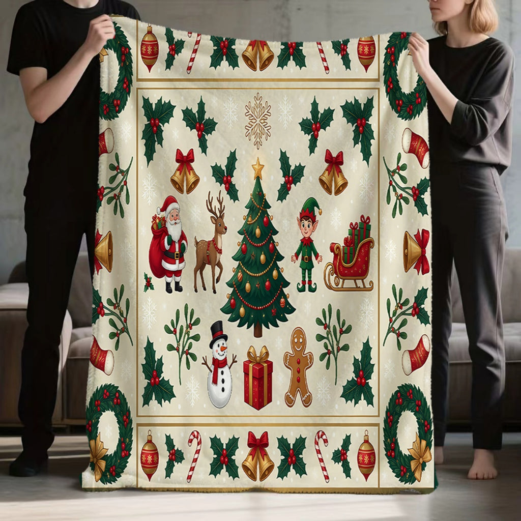 1pc, Santa And Reindeer Pattern Christmas Theme Flannel Blanket, Soft Comfortable Warm, Beige Design, Durable Plush, All-Season Sofa Blanket, Warm Cover, Multiple Sizes Available, Suitable for Living Room Sofa, Bedroom, Reading Corner