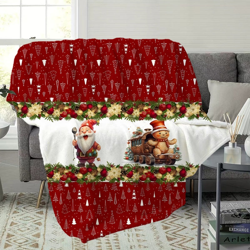 1pc 2D Flat Printing, Santa Claus And Gingerbread Man Train Pattern Blanket, Soft Fleece Blanket - Red Festive Design, Multi-Size Available, Suitable for Living Room, Bedroom, Sofa, And Casual Reading