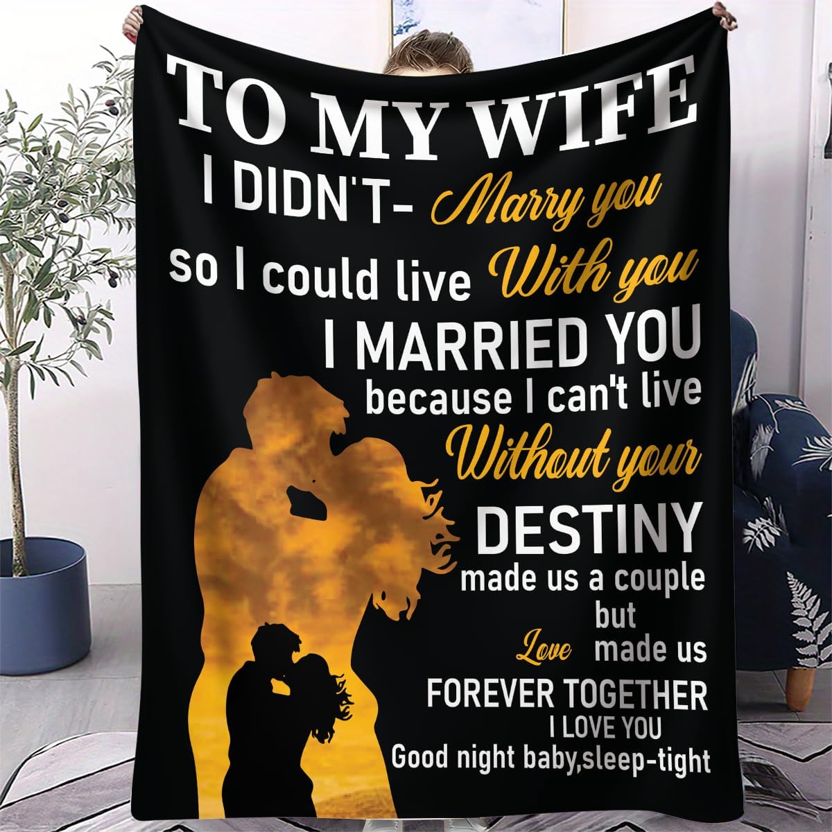 to My Wife Blanket Can't Live Without You Gift with Love Message Black and Golden Design Romantic Anniversary Valentines Present for Wife from Husband Emotional Love Throw 100% Flannel 50 X 40 Inches