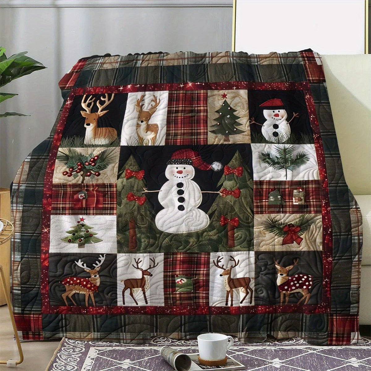 1pc, Christmas Snowman And Reindeer Pattern, Cozy Festive Style Flannel Blanket, Soft Comfortable Warm, Red And Black Plaid Design, Durable Plush Surface, All-Season Sofa Blanket, Warm Throw Blanket, Multiple Sizes Available