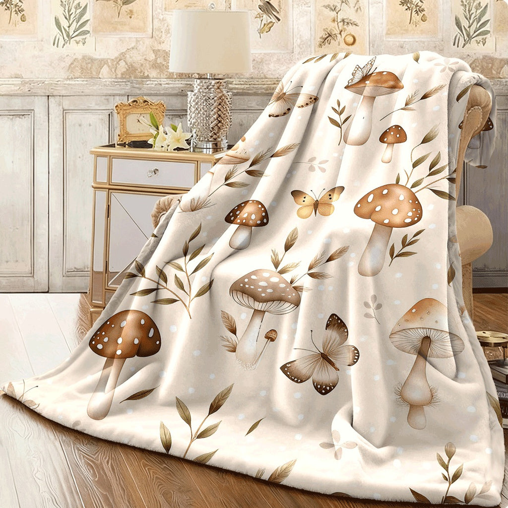 1pc Cozy Easter Mushroom Flannel Throw Blanket Dual-Sided Soft Polyester Digital Print with Vibrant Mushrooms Butterflies & Leaves All-Season Sofa or Cover Easy Care Gift Blanket Cozy