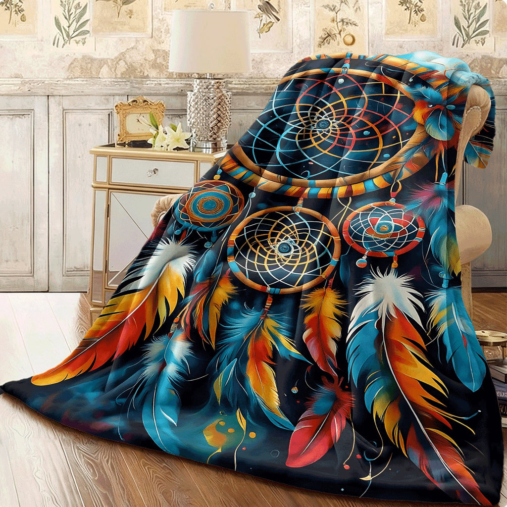 1pc Vibrant Dreamcatcher Flannel Blanket Colorful Feathers Retro Tribal Wind Catcher Design Soft Cozy All-Season Throw Blanket for Couch Sofa Spread Room Decoration