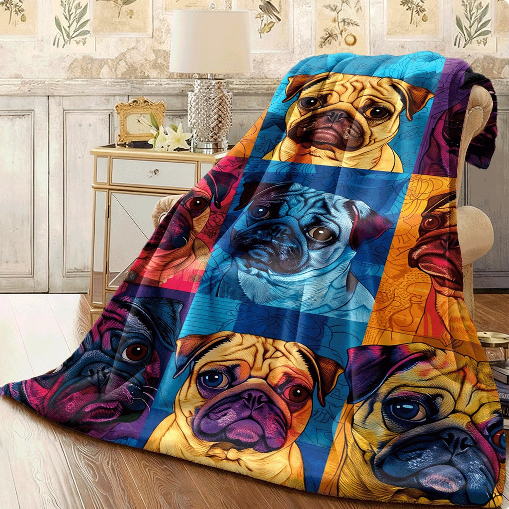 1pc Colorful Pug Dog Patchwork Flannel Blanket Soft, Cozy Throw for All Seasons, Ideal Gift for Dog Lovers, Vibrant Home Decor Accent, Dog Blanket