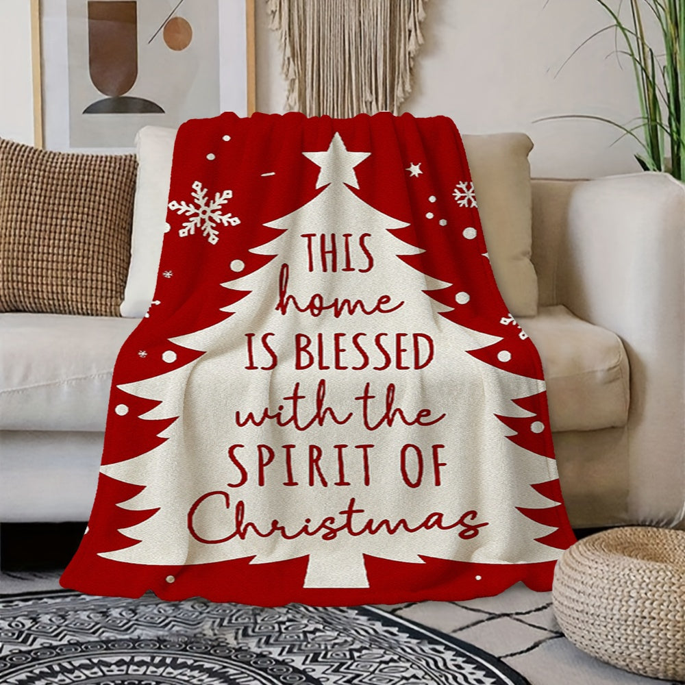 1pc Christmas Tree And Snowflake Pattern Red-Themed Flannel Blanket, Festive Cozy Design, Soft Plush All-Season Use, Suitable for Reading Time, Weekend Sofa Naps, And Movie Entertainment