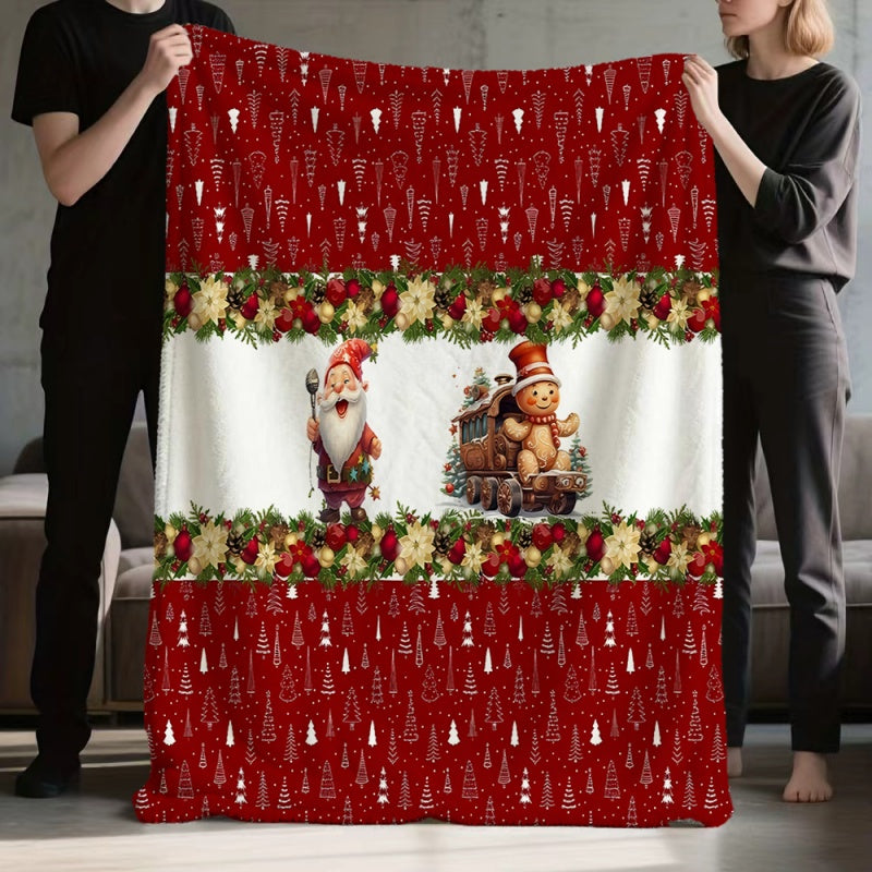 1pc 2D Flat Printing, Santa Claus And Gingerbread Man Train Pattern Blanket, Soft Fleece Blanket - Red Festive Design, Multi-Size Available, Suitable for Living Room, Bedroom, Sofa, And Casual Reading