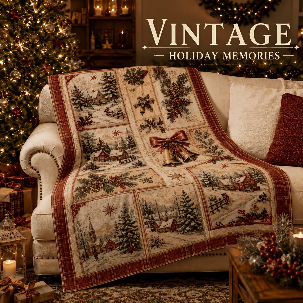 Blanket, Vintage Christmas Postcard Blanket Nostalgic Snow Village Pine Branches Red Fruit Bells Living Room Sofa Bedroom Lunch Break Blanket