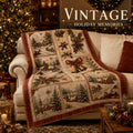 Blanket, Vintage Christmas Postcard Blanket Nostalgic Snow Village Pine Branches Red Fruit Bells Living Room Sofa Bedroom Lunch Break Blanket