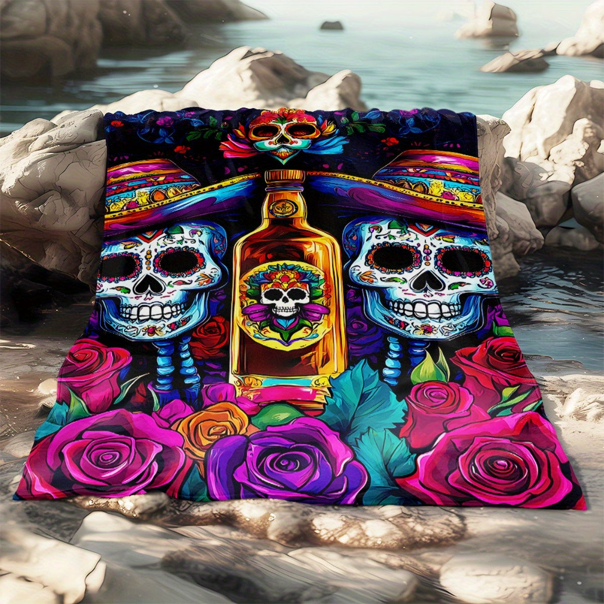 1pc 2D Flat Print Mexican Day of the Dead Skull and Rose Blanket, Soft Flannel Throw Blanket - Dark Blue and Magenta Design, Multiple Sizes Available, Suitable for Living Room, Bedroom, Sofa,, and Reading Area, 2D Flat