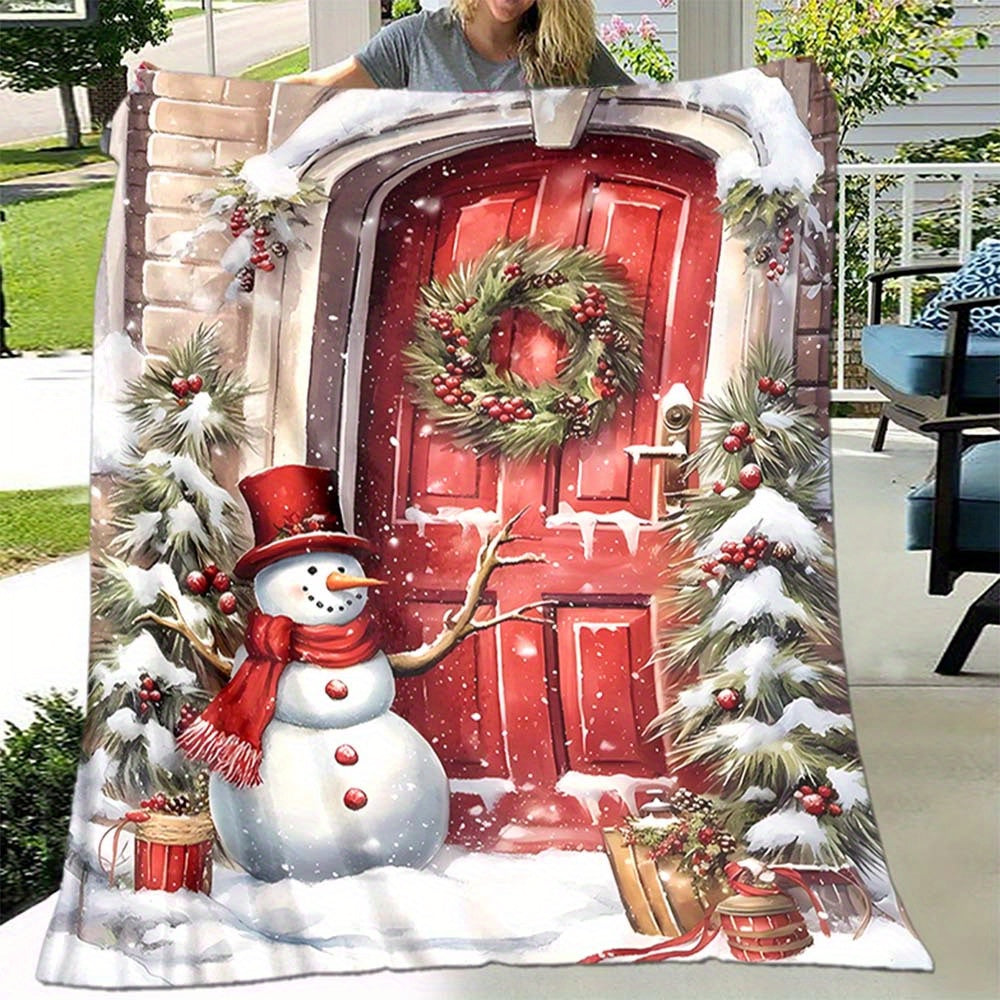 1pc Snow Christmas Door Pattern Blanket, Red Door Print Design, Body Cover Blanket, Soft Fleece Plush Surface, Lightweight And Durable, Multiple Sizes Available, Suitable for Christmas Decoration, Outdoor Courtyard, Living Room Sofa