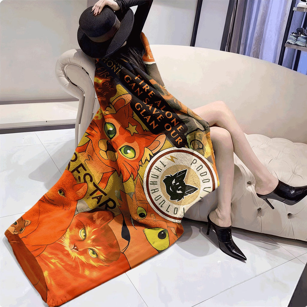 1pc Flannel Blanket Ultra-Soft Throw with for warrior Cats Firestar Theme Vibrant Cat Illustrations Cozy Warm Fabric for Sofa Perfect Gift for Warrior Cats Fans