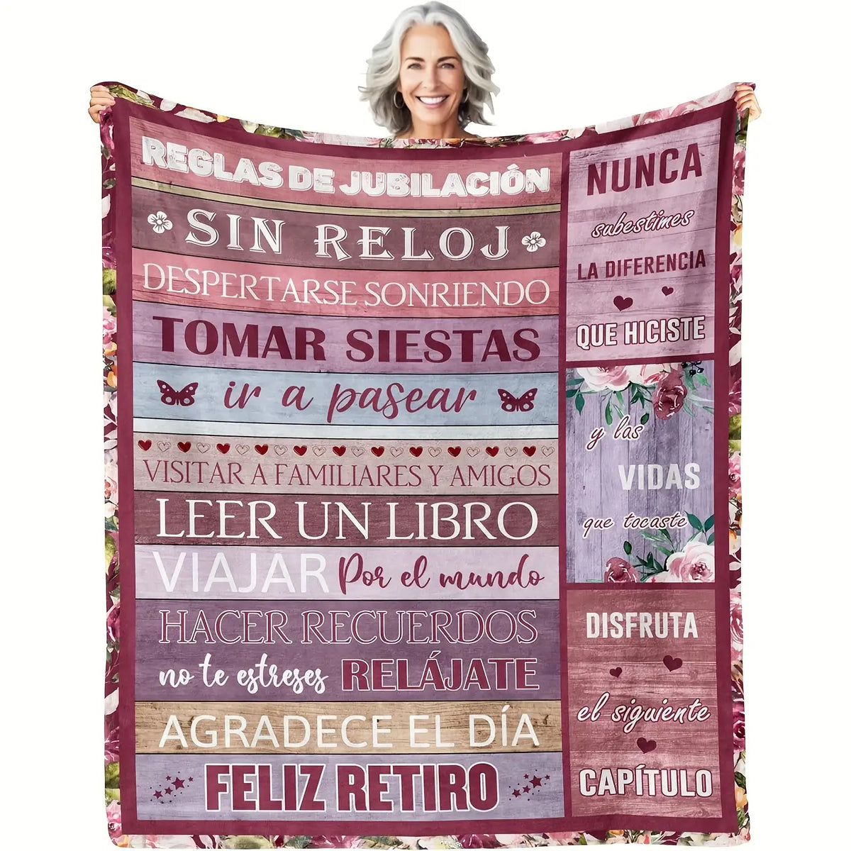 A Single Elegant Gift for Retiring Women - a Soft Flannel Throw Blanket Adorned with Uplifting Spanish Phrases, a Cozy Pink Blanket Suitable for All Seasons, Featuring Floral And Butterfly Patterns, Ideal for Use on a Couch,, Or While Traveling