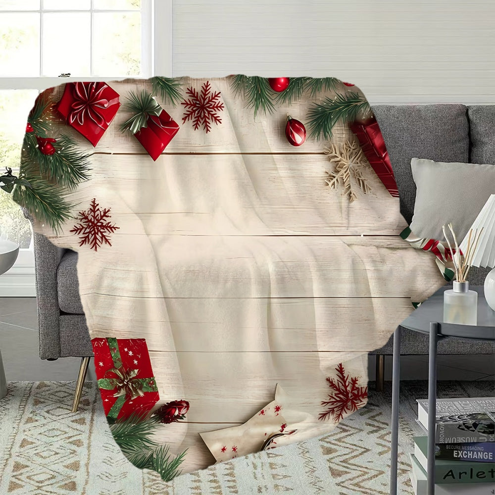 Christmas Gift And Snowflake Pattern, Red And Beige Design Flannel Blanket, Soft Comfortable Warm, All-Season Sofa Blanket, Warm Cover Blanket, Suitable for Living Room Sofa, Bedroom, Casual Reading, Holiday Decor, And Winter Heating