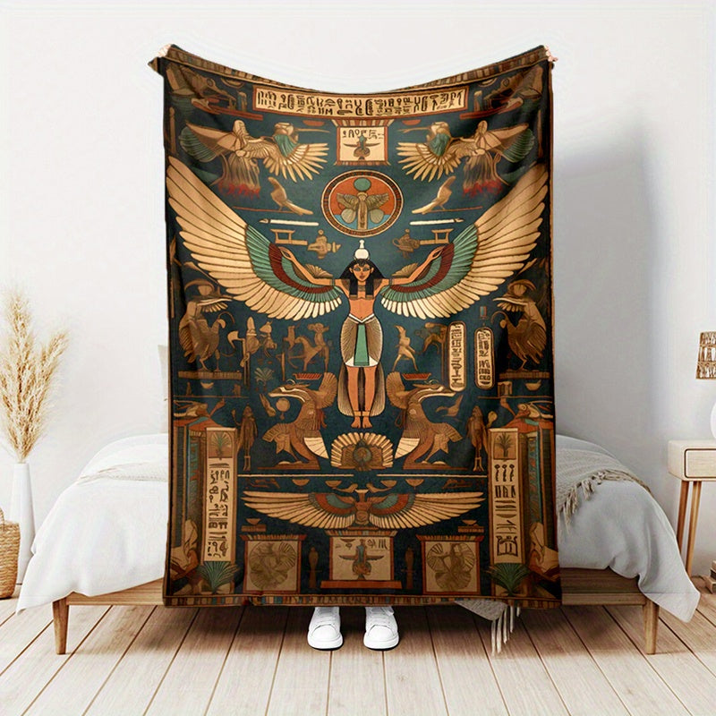 1pc 2D Flat Printing Egyptian Deity And Hieroglyphics Theme Blanket, Soft Fleece Blanket - Deep Blue And Golden Design, Multiple Sizes Available, Suitable for Living Room Sofa, Bedroom, Reading Corner, Leisure Time, And Home Decor