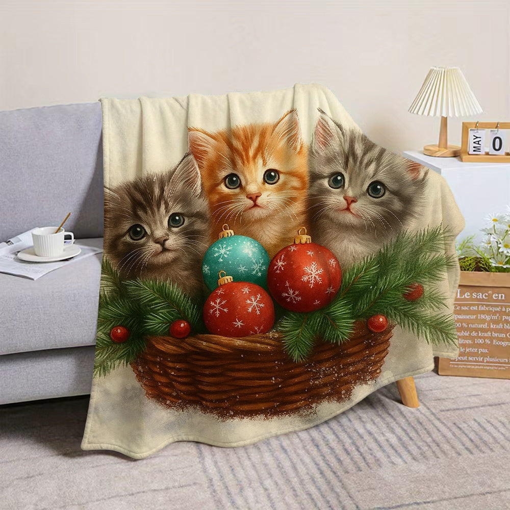 1pc, 2D Flat Christmas Kitten And Rainbow Ball Basket Theme Flannel Blanket, Soft Comfortable Warm, Beige Brown Holiday Design, Durable Plush Surface, All Seasons, Warm Cover, Suitable for Weekend Sofa Naps, Home Afternoon Rest, Reading Time