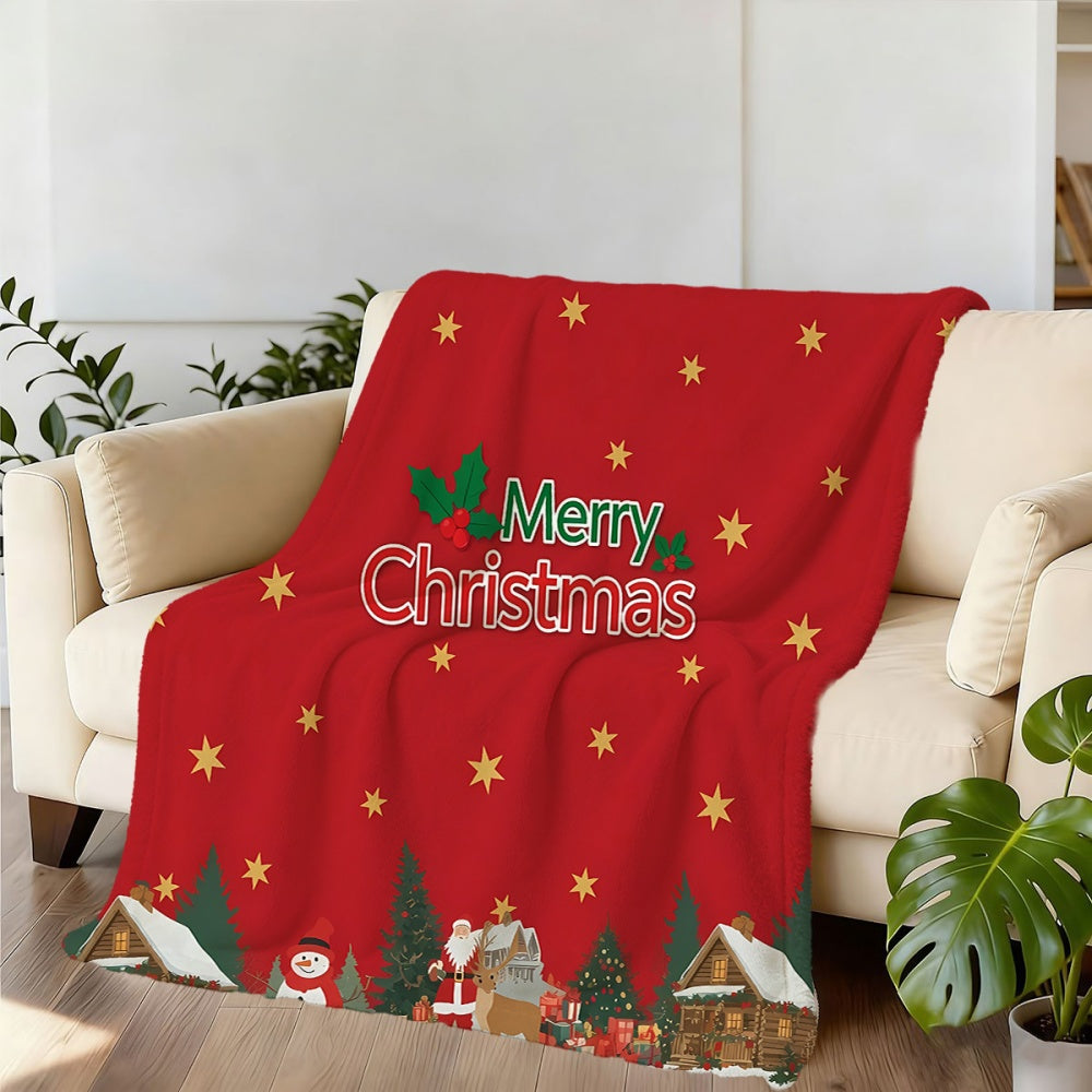 1pc of Christmas-themed Flannel Blanket with Red Stars and Snowman Pattern, Soft, Comfortable, and Warm, Featuring a Festive Design. A Versatile All-season Sofa Throw and Warm Cover Blanket, Available in Multiple Sizes. Suitable for Living Room