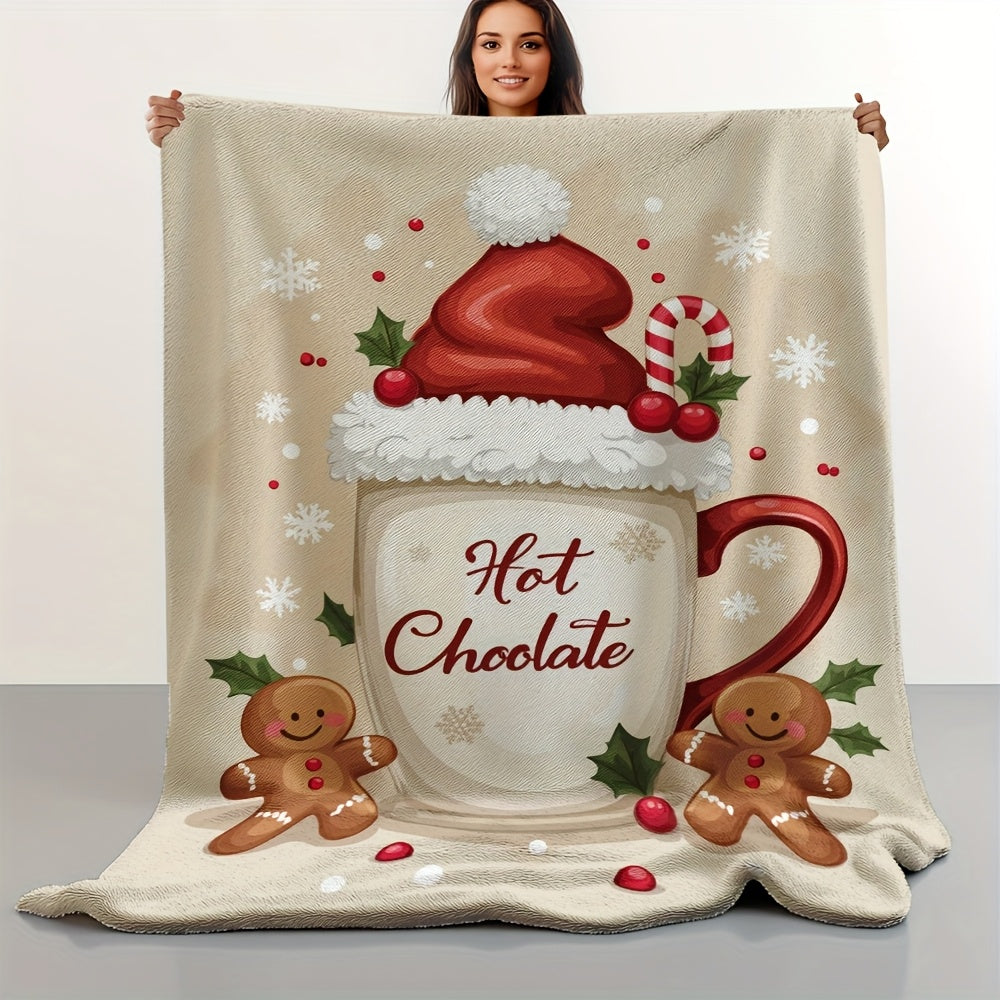 1pc Christmas Gingerbread Hot Cocoa Throw Blanket, Santa Hat And Gingerbread Print Design, Full-Size Blanket, Soft Fleece Velvet, Lightweight And Durable, Multi-Size Available, Suitable for Christmas Decor, Outdoor Leisure, Living Room Sofa