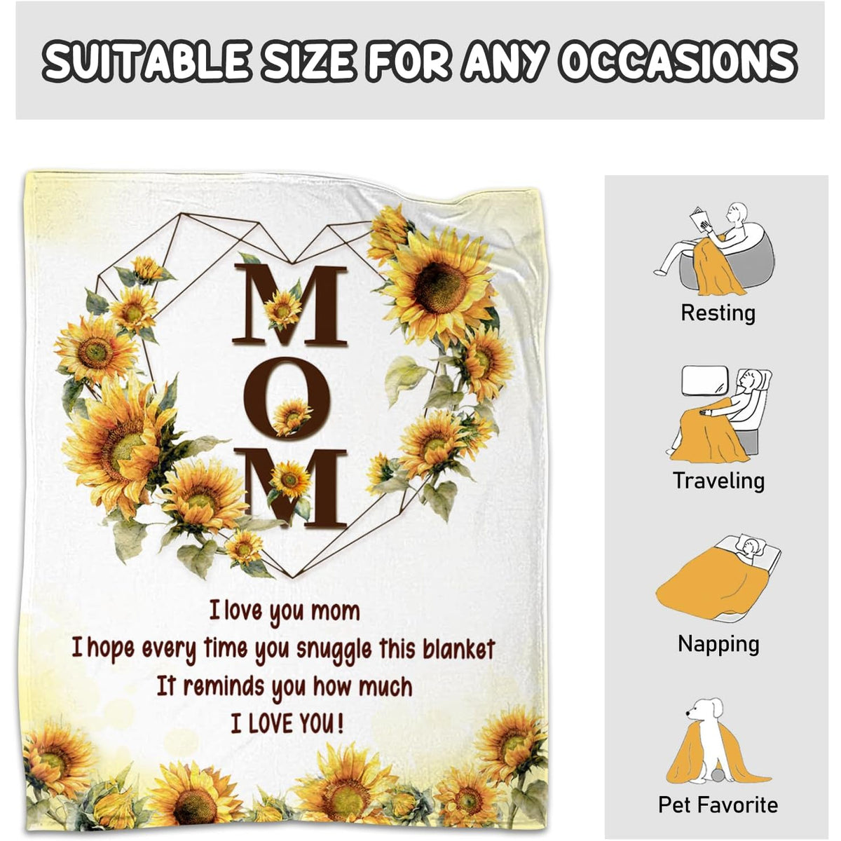 CIUGOIG Mom Gifts from Daughter Son, I Love You Mom Blanket 50X60, Birthday Gifts for Moms, Christmas Mothers Day Presents Ideas for Moms/Mother Flannel Throw Blanket Sunflower