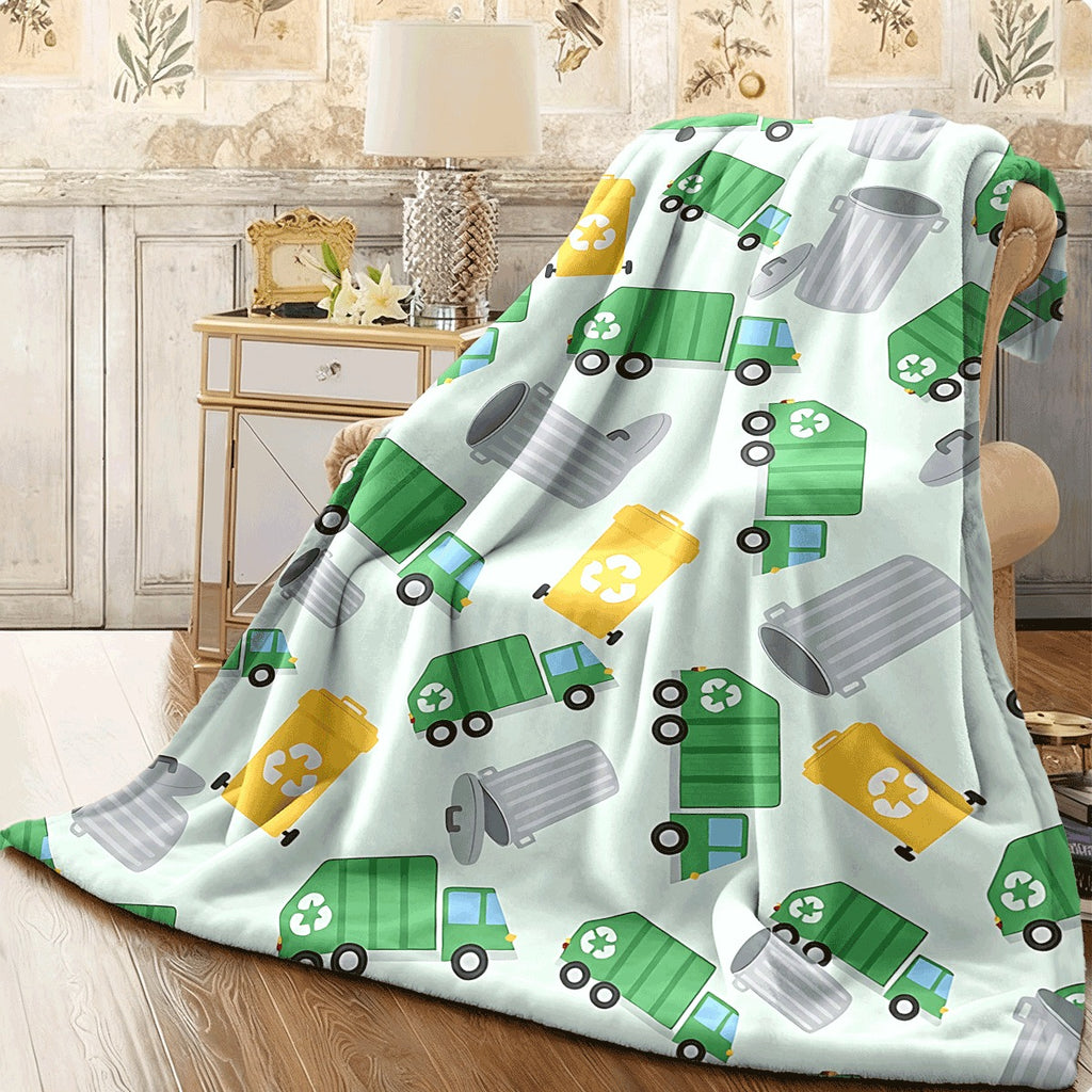 1pc All-Season Flannel Blanket with Colorful Recycling Garbage Trucks And Bins Print Ultra-Soft Lightweight Fleece Throw for Sofa Cozy Room Decor Blanket