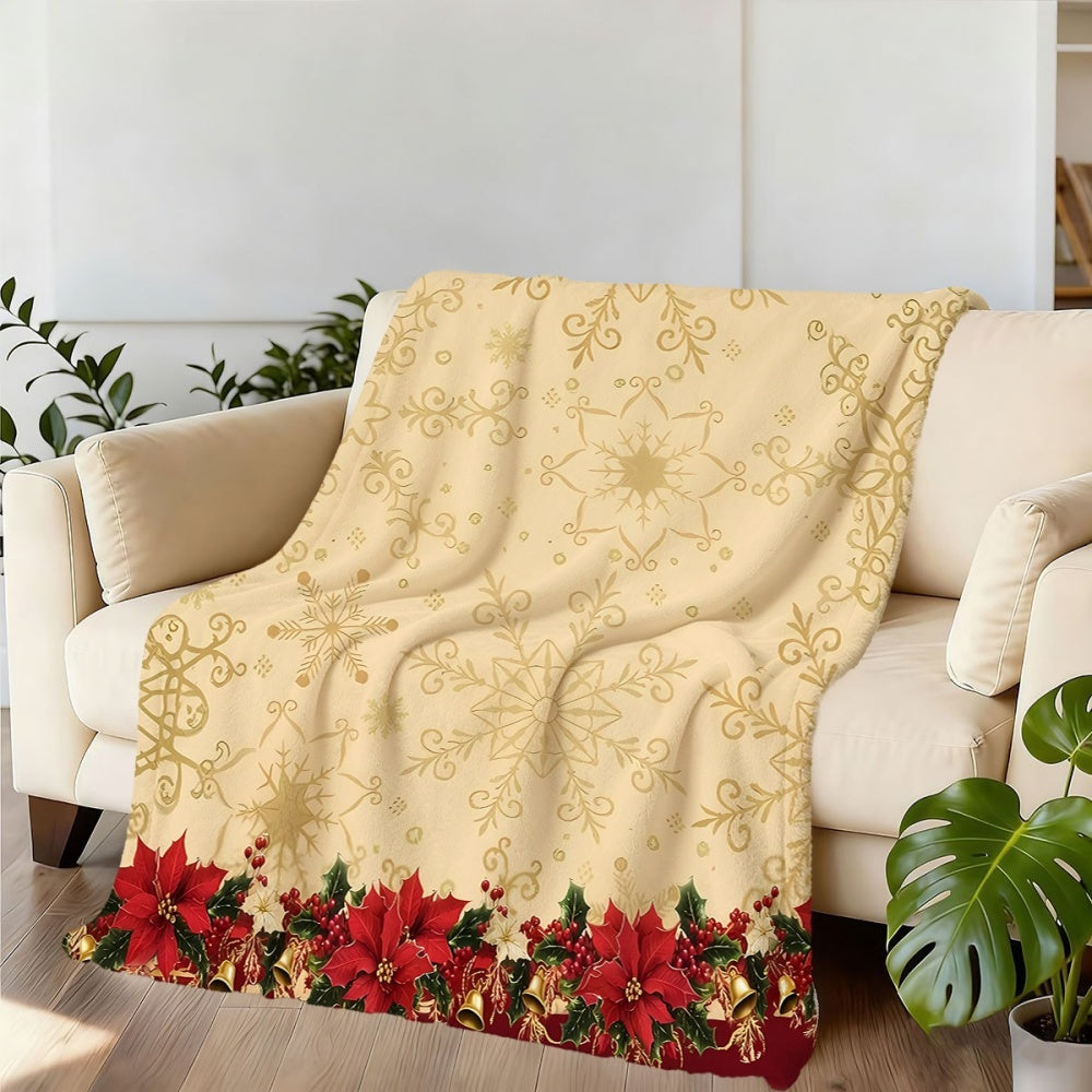 Christmas Red Floral and Golden Snowflake Pattern, Soft, Comfortable, and Warm Beige Flannel Blanket, All-season Universal Sofa Throw, Warm Cover Blanket, Suitable for Living Room Sofas, Bedroom, Leisure Reading, Holiday Decoration, and Home