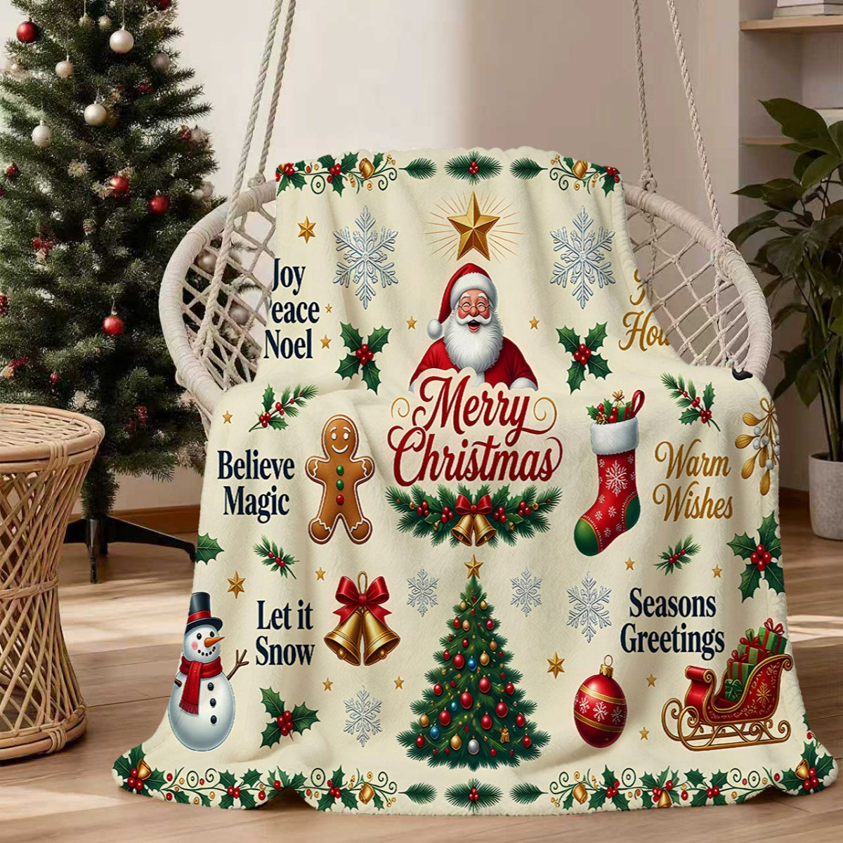 1pc, Santa And Reindeer Pattern Flannel Blanket, Soft Comfortable Warm, Beige Holiday Design, Durable Plush, All-Season Sofa Blanket, Warm Cover, Multiple Sizes Available, Suitable for Living Room Sofa, Bedroom, Reading Corner, Holiday Parties