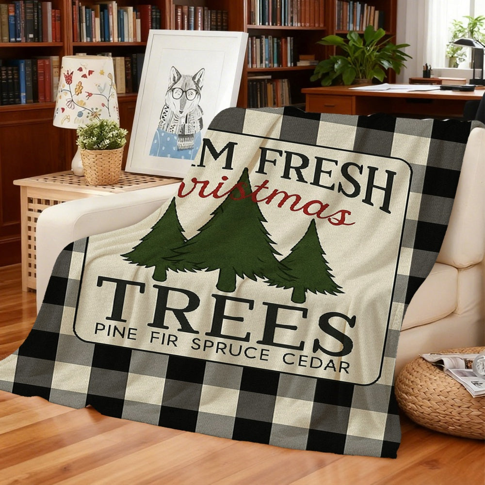 1pc Christmas Pine Tree And Text Pattern Cream Beige Flannel Blanket, Festive Warm Design, Soft Plush All-Season Use, Suitable for Weekend Sofa Naps, Reading Time, And Dorm Life