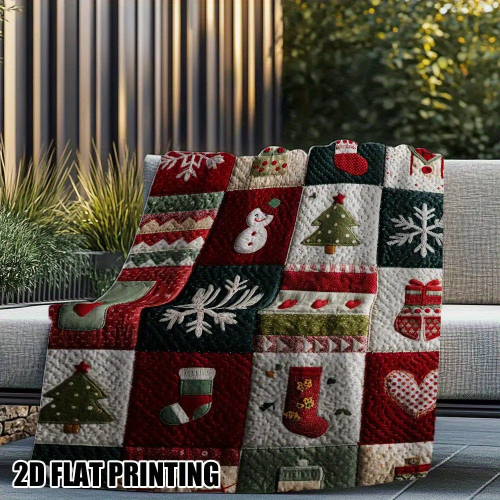 Cozy Christmas Quilt Print Flannel Throw Blanket- Soft, Warm, and Festive Design with Snowmen, Trees, and Holiday Decor- Perfect for Sofa, Bed, Chair, Living Room, or Office- Ideal Gift, Shipped Next Day, 280gsm, Christmas Decorations for Home