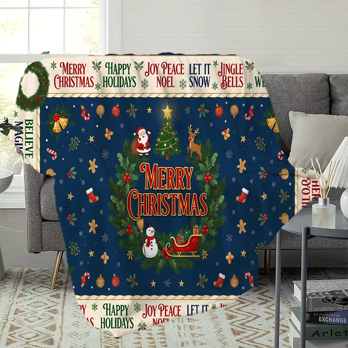 1pc Christmas-themed Blue Flannel Blanket, Soft, Comfortable, and Warm, with a Festive Decorative Style Design, Durable Plush Surface, All-season Universal Sofa Throw, Warm Cover Blanket, Multiple Sizes Available, Suitable for Living Room Sofas