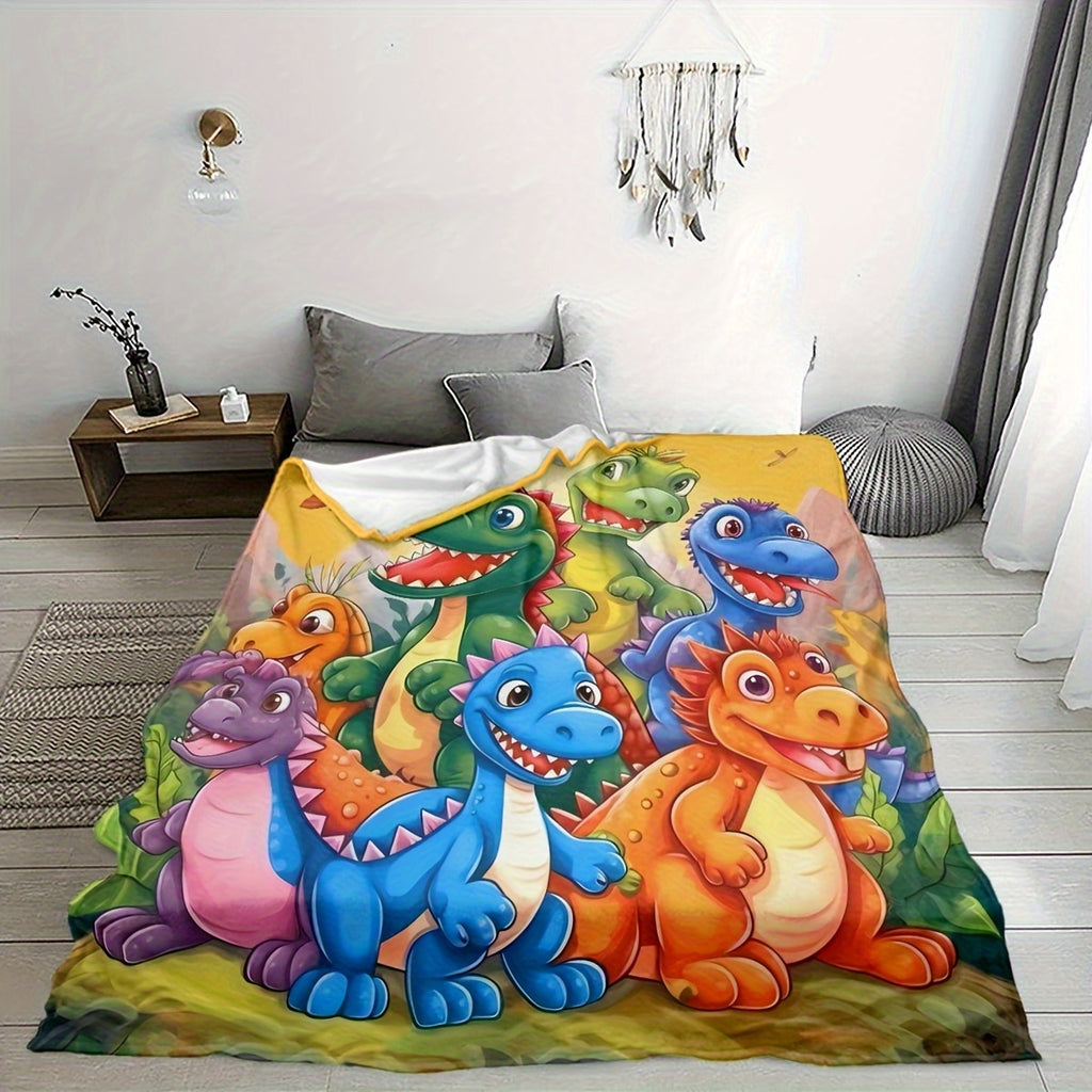 Dinosaur Cartoon Print Flannel Blanket | Hypoallergenic & Machine Washable, 280gsm All-Season Soft Cozy Throw with Vibrant Dinosaur Design (T-Rex, Velociraptor, Stegosaurus) for Bed, Sofa, Living Room - Contemporary Bedding & Room Decor, Adults