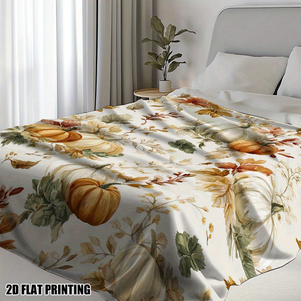 1pc Autumn Pumpkin Floral Pattern Flannel Blanket, Soft Comfortable Warm, Beige And Orange Design, Durable Plush Surface, All-Season Bed Blanket, Warm Cover, Multiple Sizes Available, Suitable for Bedroom, Living Room, Sofa, Balcony