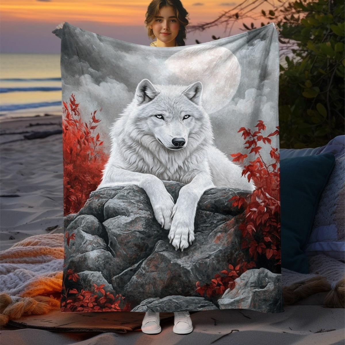 1pc 2D Flat Printing, White Wolf And Red Leaf Moon Pattern Blanket, Soft Fleece Blanket, Gray And Red Design, All Seasons, Warm Throw, Multiple Sizes Available, Suitable for Living Room, Bedroom, Sofa,, And Reading Area