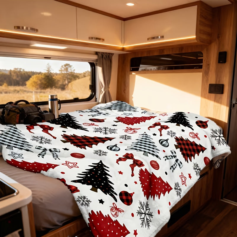Red And Buffalo Leather Design Tree Blanket - a Soft Fleece Blanket Suitable for All Seasons, with Festive Christmas Tree And Snowflake Patterns, in Red And, Perfect for Beds, Offices, And Travel