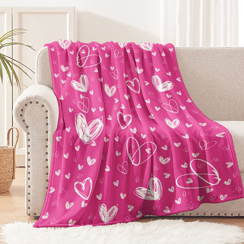 1pc Valentine'S Day Heart Pattern Plush Flannel Blanket | Soft, Comfortable, Cute Rectangular Polyester Throw Blanket, Suitable for All Seasons, Hand Wash Only, Digital Print, Fabric