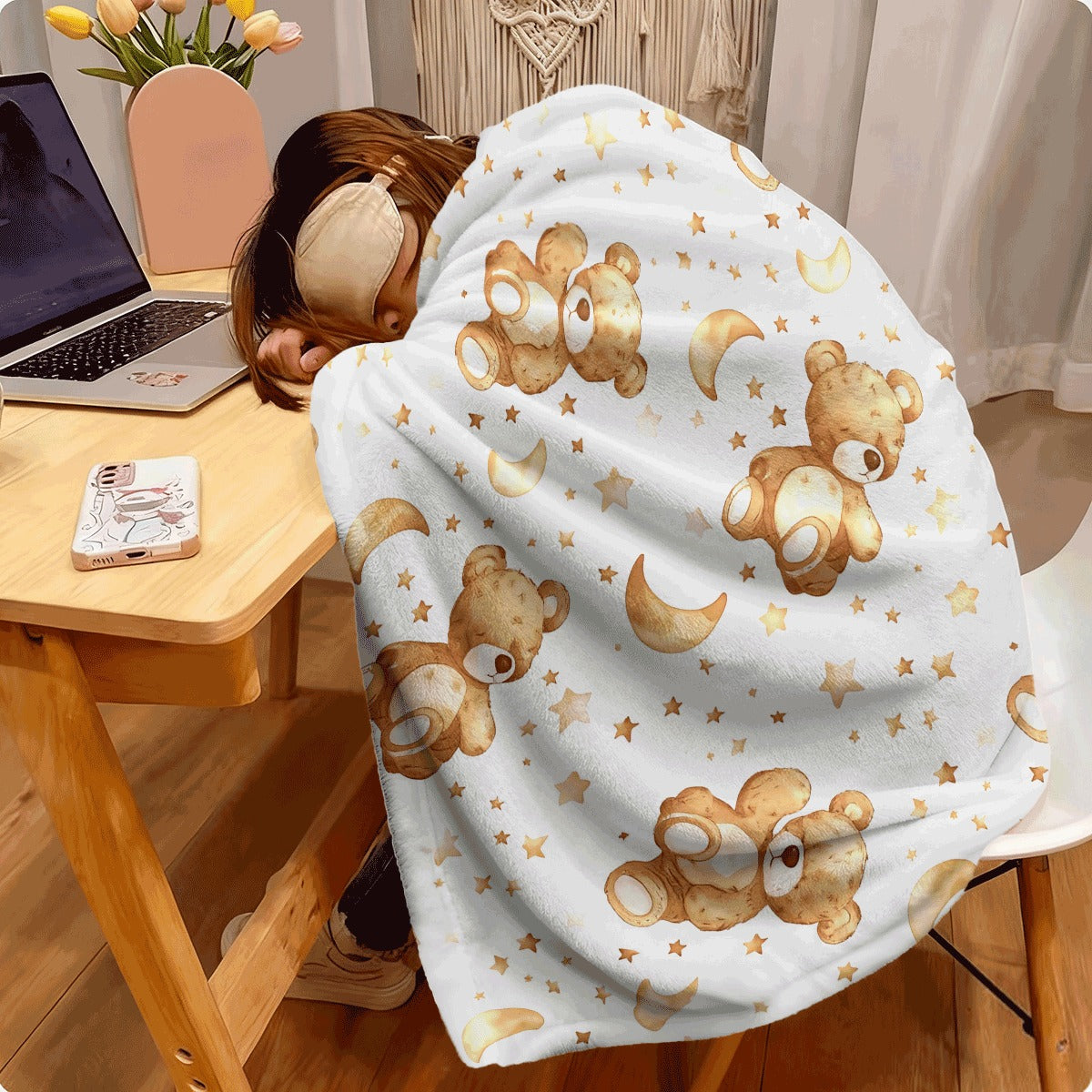 1pc Cozy Teddy Bear Moon & Stars Watercolor Print Flannel Blanket Soft Warm All-Season Throw with Plush Texture, Contemporary Style, Durable Polyester, Perfect for Home, Camping, Office Ideal