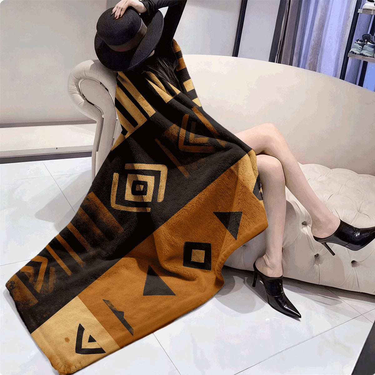 1pc a Blanket Printed on One Side, Inspired by an African Tribe, Showcasing Geometric Designs in Black, Brown, And Beige. Ideal for Camping, Home Use, Dormitories, And Travel, It Is Soft And Warm for Every Season