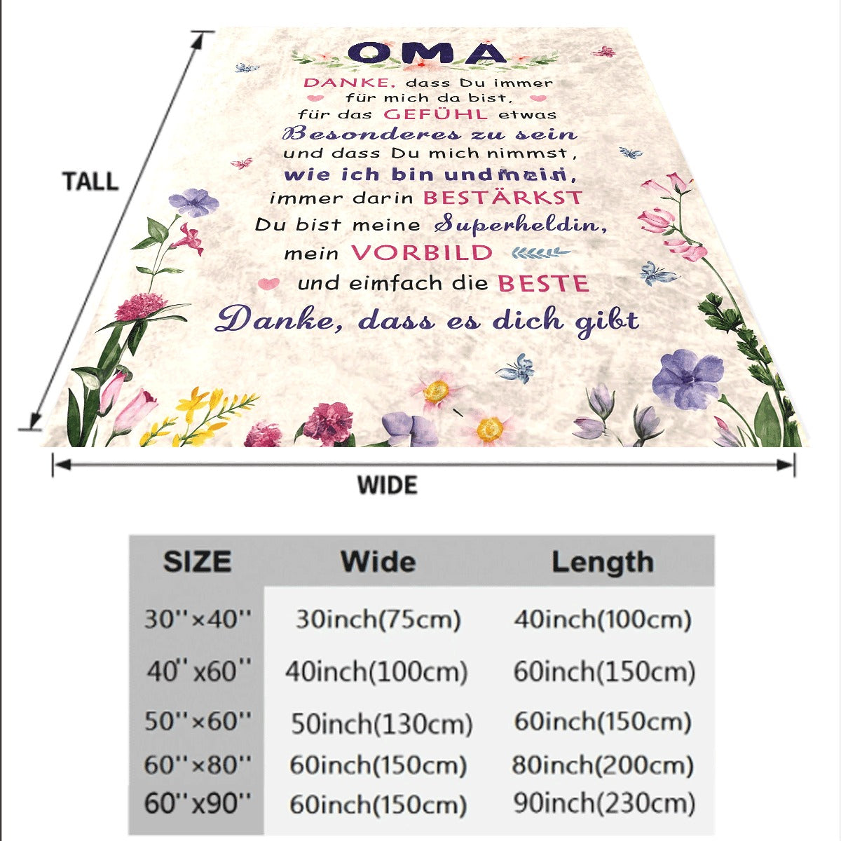 1pc Soft Flannel Grandma Gift Blanket with Vintage Floral Butterfly Design German OMA Text, Multicolor Throw for Birthday Anniversary, All-Season Couch Bedspread, 200-250G M, Cozy Home Dec