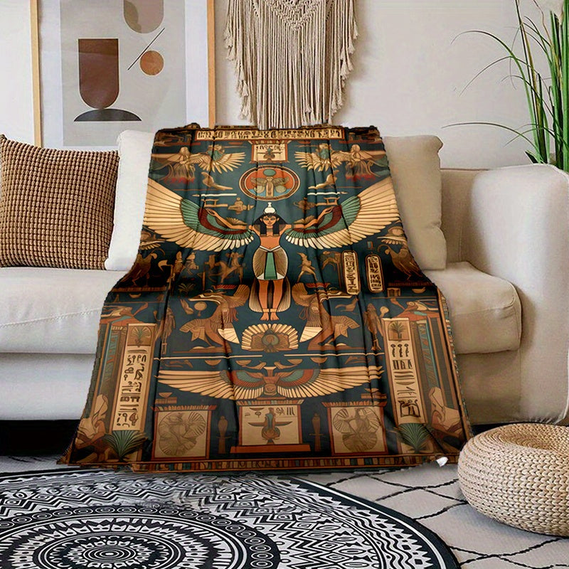 1pc 2D Flat Printing Egyptian Deity And Hieroglyphics Theme Blanket, Soft Fleece Blanket - Deep Blue And Golden Design, Multiple Sizes Available, Suitable for Living Room Sofa, Bedroom, Reading Corner, Leisure Time, And Home Decor