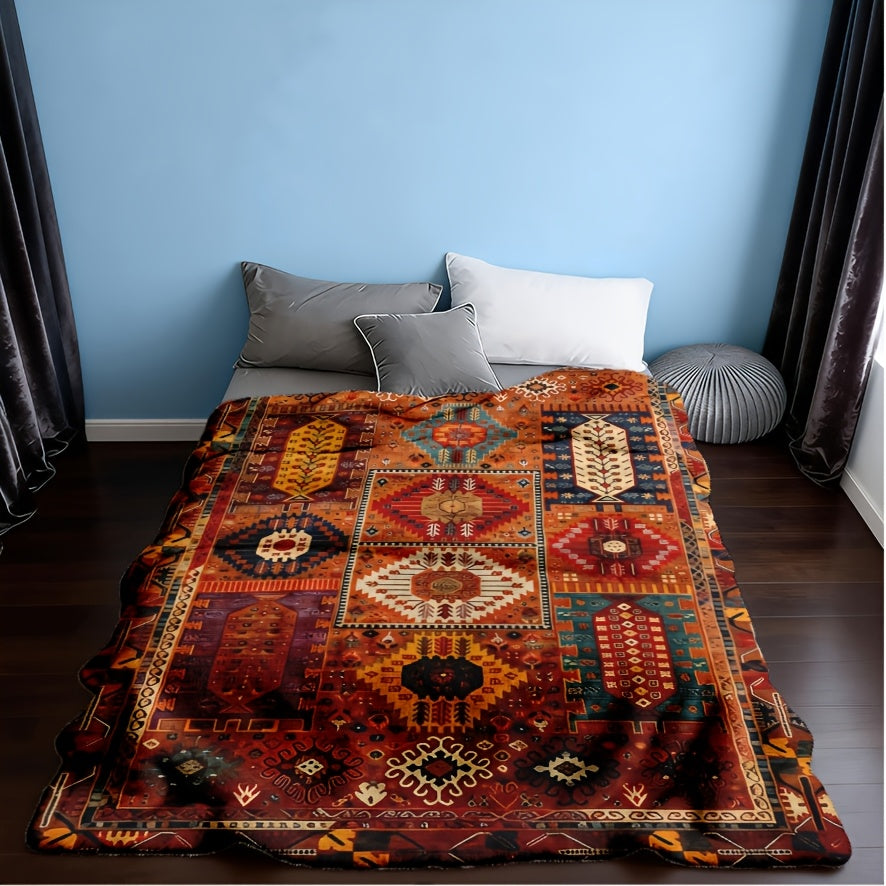 A Bohemian Geometric Patterned Fleece Blanket - Suitable for All Seasons, Soft And Warm, Perfect for Camping, Travel, Car, And Office Use - Machine Washable, Comfortable Home Decor, Vibrant Colors, Exquisite Pattern Craftsmanship, Modern Style