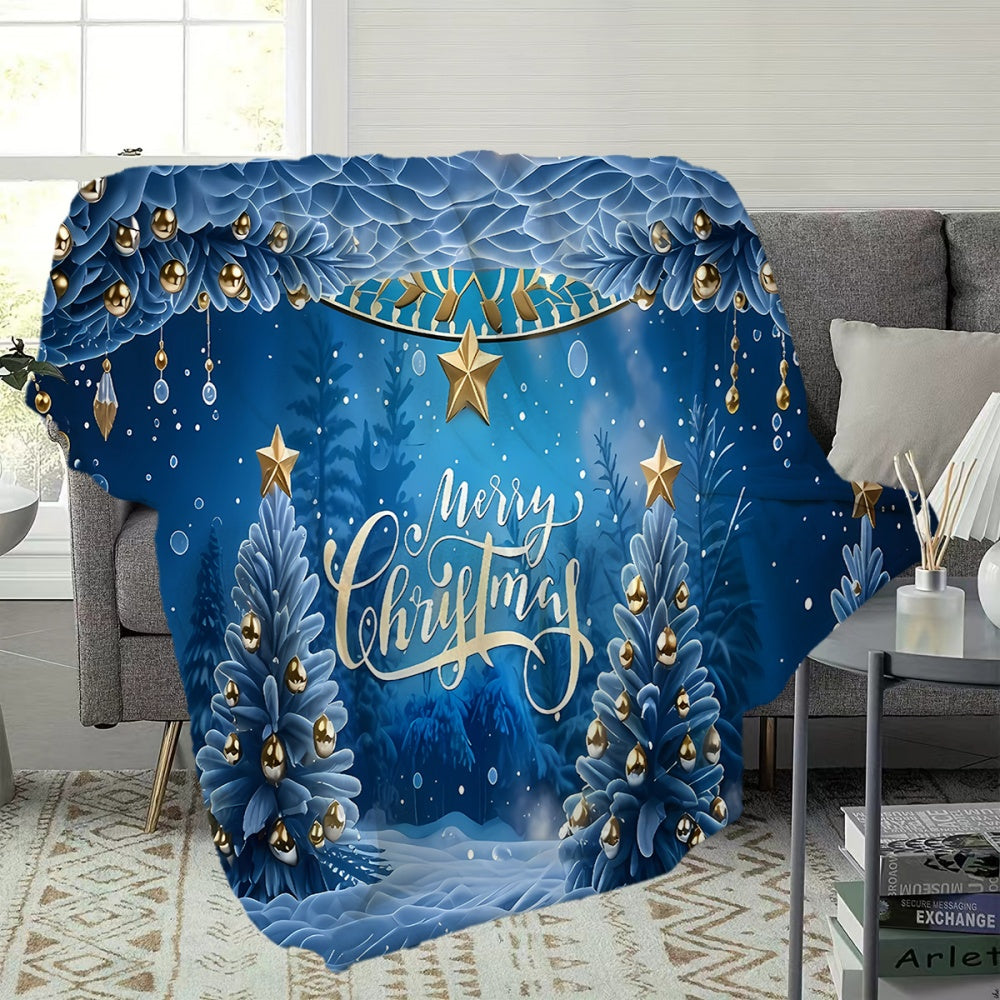 1pc Christmas Blue Pine Tree And Golden Star Pattern Flannel Blanket, Soft Comfortable Warm, Deep Blue Main Color Design, All-Season Sofa Blanket, Warm Cover, Multiple Sizes Available, Suitable for Living Room Sofa, Bedroom, Reading Corner