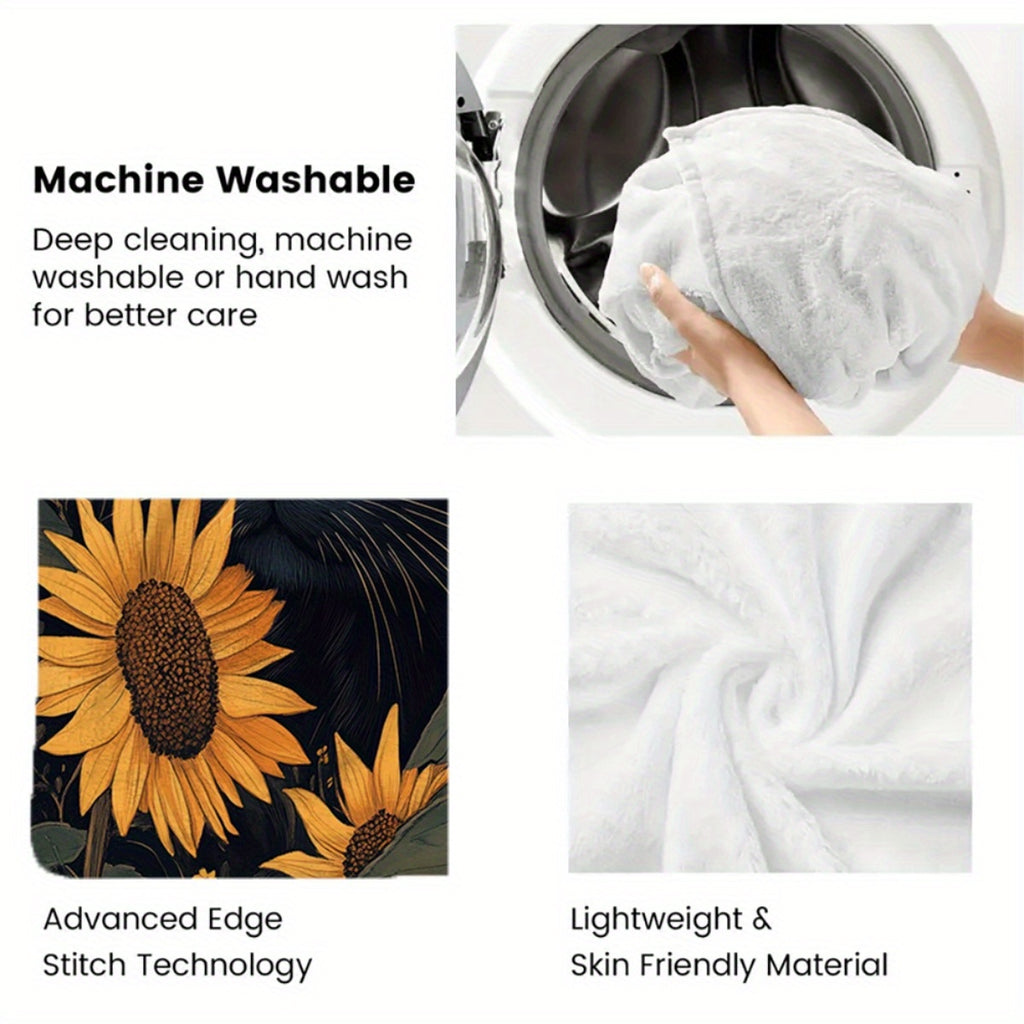 1pc Black Cat & Sunflowers HD Printed Flannel Blanket - All-Season Soft Lightweight Throw for Camping, Travel, Home, Office - Contemporary Anime Design Cozy Gift, Travel Blanket, Vibrant Design, Durable Fabric