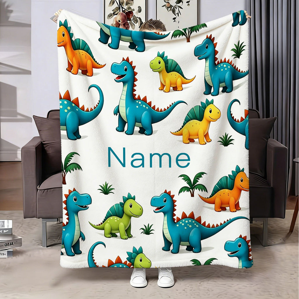 Cartoon Dinosaur Flannel Blanket, Plush Blanket, Personalized Custom Name Blanket, Comfortable Personalized Blanket, All-Season Gift Blanket, Suitable for Home and Travel, for Outdoor Enthusiasts, Holiday Gift for Family and Friends