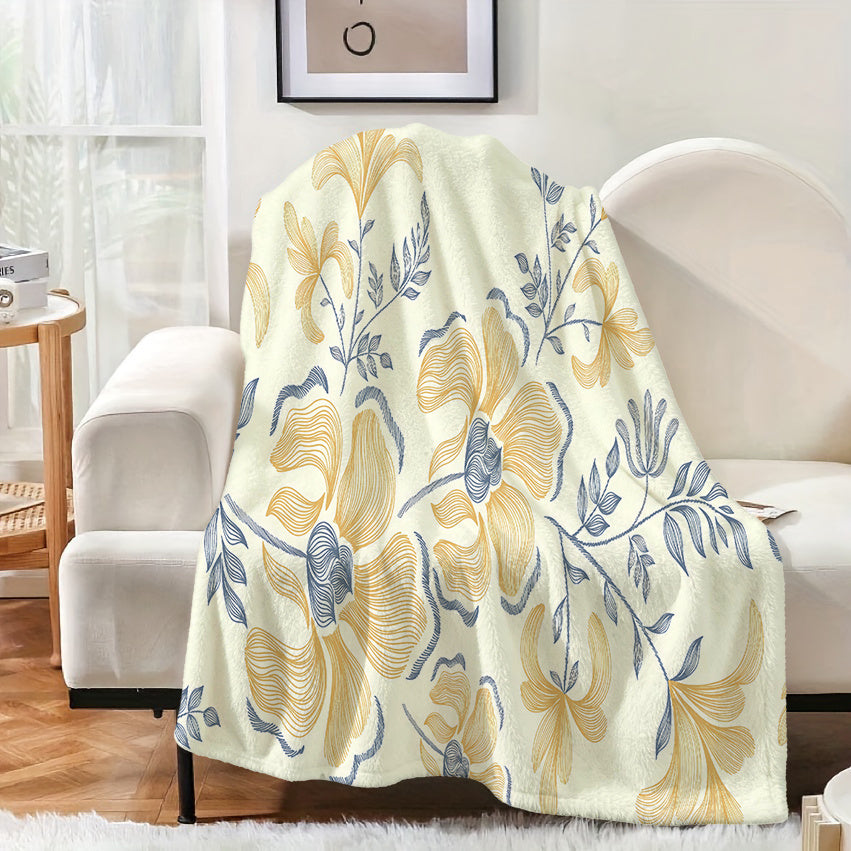 1pc Yellow and Blue Floral Pattern Blanket, Modern Minimalist Style Design, Soft Plush Surface, Lightweight and Durable Flannel Material, Multiple Sizes Available, Perfect for Holiday Gifting, Living Room Lounging, Bedroom Sleeping, Study Reading