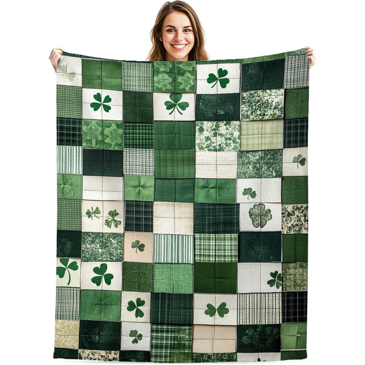 St. Patrick's Day Printed Patchwork Throw Blanket, Green Clover Design, Soft and Cozy Quilted Blanket for Living Room, Bedroom, and Couch - St. Paddy's Day Home Decor, 60x50