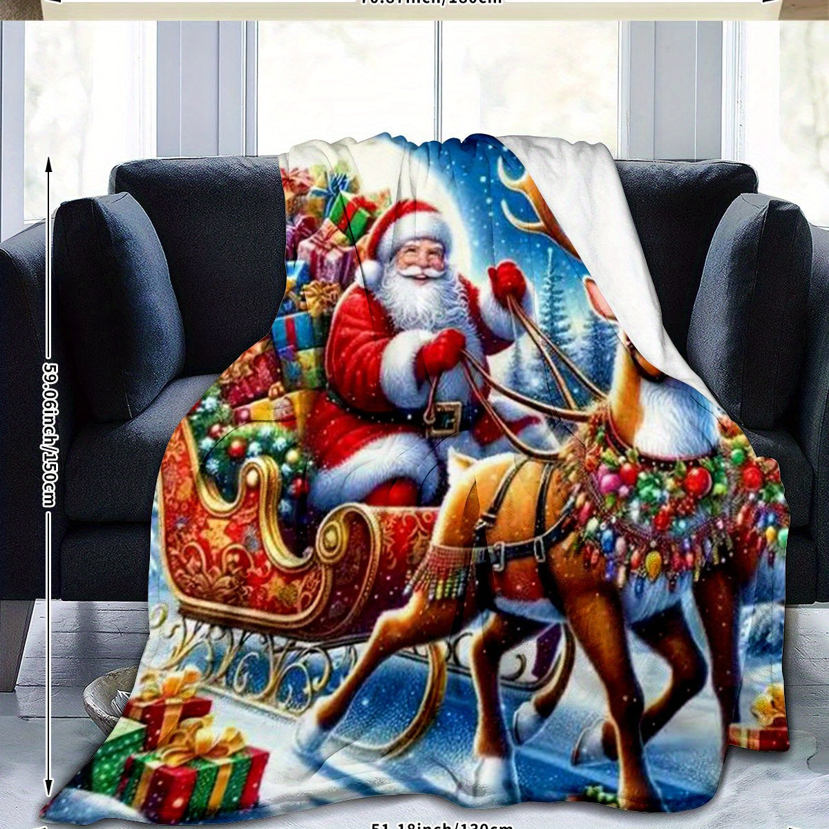 1pc 2D Flat Printing Santa Claus And Reindeer Sleigh Pattern Blanket - Soft And Comfortable, Blue And Red Main Colors, Festive Decor Style, Multiple Sizes Available, Suitable for Living Room, Bedroom, Sofa, And Reading Area